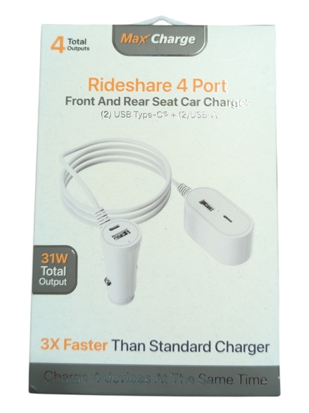White Rideshare 4-Port Car Charger - 31W, USB-A & Type-C